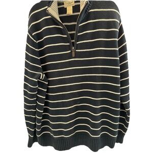 LL Bean Mens 100% Cotton 1/4 Zip Sweater Pullover Striped Blue White L Preppy
